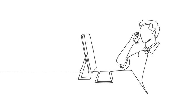 Self drawing animation of single line draw male company director giving short brief through phone call to his team member from office. Business talk concept continuous line draw. Full length animated.