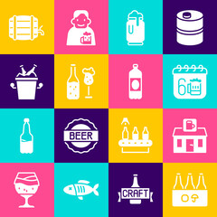 Set Pack of beer bottles, Store building shop, Saint Patricks day calendar, Beer can with foam, and glass, ice bucket, Wooden barrel on rack and Plastic icon. Vector