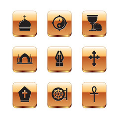 Set Church tower, Pope hat, Dharma wheel, Hands in praying position, Hindu spiritual temple, Holy grail or chalice, Cross ankh and Yin Yang icon. Vector