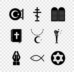 Set Star and crescent, Christian cross, The commandments, Hands in praying position, fish, of David, Holy bible book and chain icon. Vector