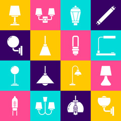 Set Wall lamp or sconce, Table, Garden light, Chandelier, and LED bulb icon. Vector
