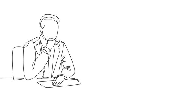 Animation of single continuous line drawing of male worker sitting, thinking seriously in front of computer screen at office. Work focus concept one line self draw animated. Full length motion.