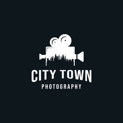abstract Cityscape town video film cinema logo design isolated on black background