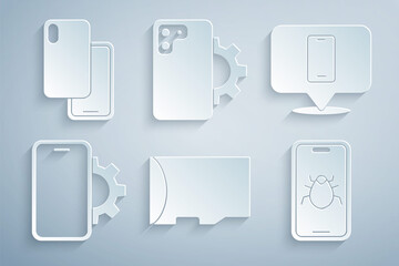 Set Micro SD memory card, Phone repair service, System bug mobile, and Smartphone icon. Vector