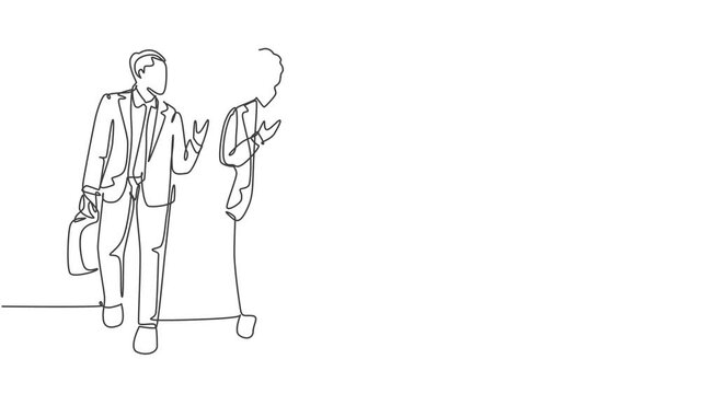 Self drawing animation of one single line draw two company business men take a walk and talk together after company meeting. Business conversation concept continuous line draw. Full length animated.