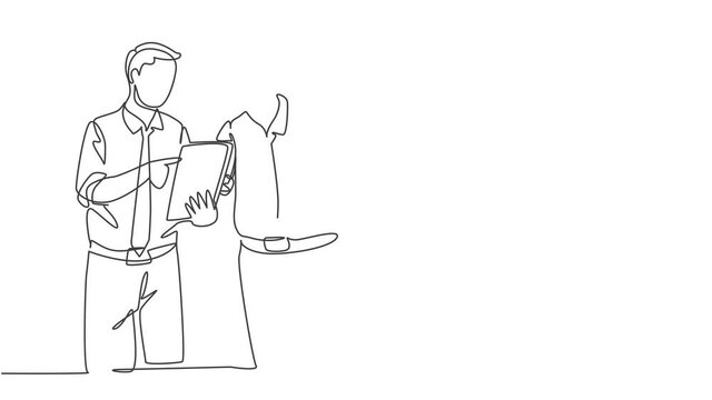 Animated self drawing of one continuous line draw employee talking to his colleague discussing new company project during meeting. Office talk concept. Full length single line animation illustration.