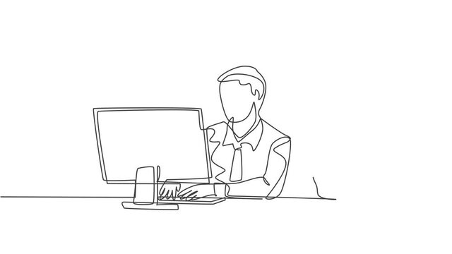 Self drawing animation of single continuous line draw two serious male and female worker watching sales chart on computer screen. Sales growth business concept one line draw. Full length animated.