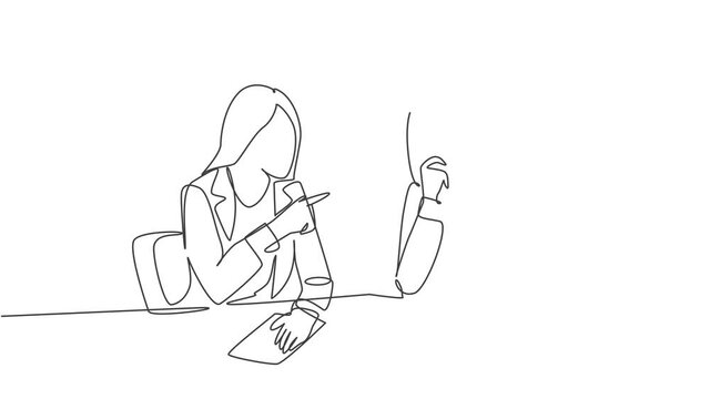 Animated self drawing of one continuous line draw two happy business woman discussing project contract together during meeting. Business deal concept. Full length single line animation illustration.
