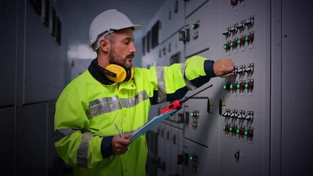 The engineer checking and inspecting at MDB panel .he working with electric switchboard to check range of voltage working in Main Distribution Boards factory.	