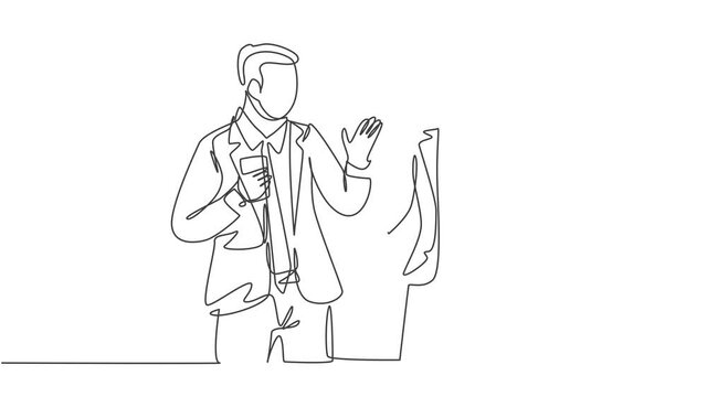Self drawing animation of single line draw two male and female startup founders have a business talk over soft drink. Business chat during office break concept one line draw. Full length animated.