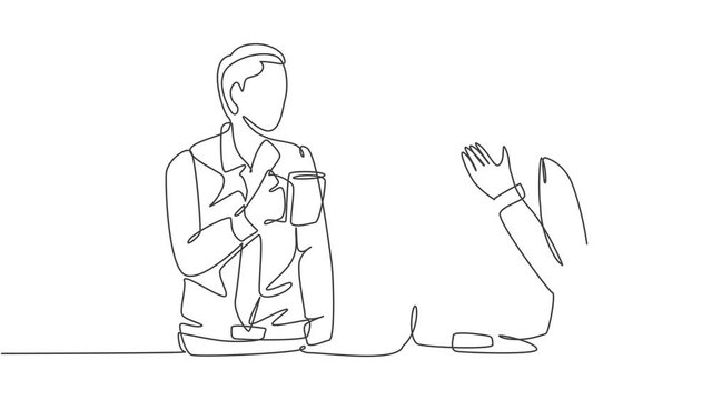Animated self drawing of single continuous line draw two male workers have a casual chat over drink coffee during office break. Rest break at work concept. Full length one line animation illustration.