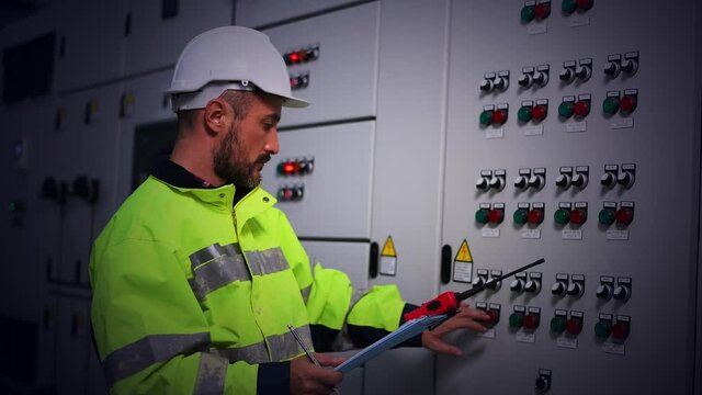 The engineer checking and inspecting at MDB panel .he working with electric switchboard to check range of voltage working in Main Distribution Boards factory.	
