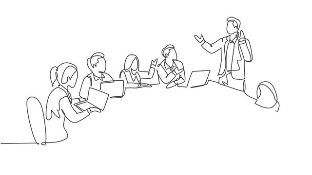 Animated self drawing of single continuous line draw happy trainer giving lifeskill lesson to the class members. Business training and presentation concept. Full length one line animation illustration