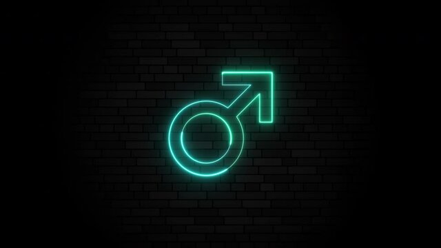 A blue and green male symbol with a thin glowing neon line on a dark brick wall background. A simple motion graphic element
