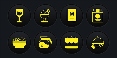 Set Nachos in plate, Online ordering and delivery, Coffee pot, Cake, Restaurant cafe menu, Ice cream bowl, Covered with tray food and Wine glass icon. Vector