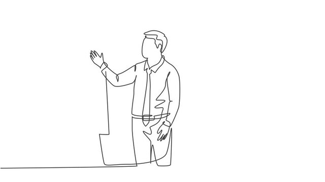 Animated self drawing of one continuous line draw presenter delivering increasing product sales report to finance manager. Business presentation at office concept. Full length single line animation.