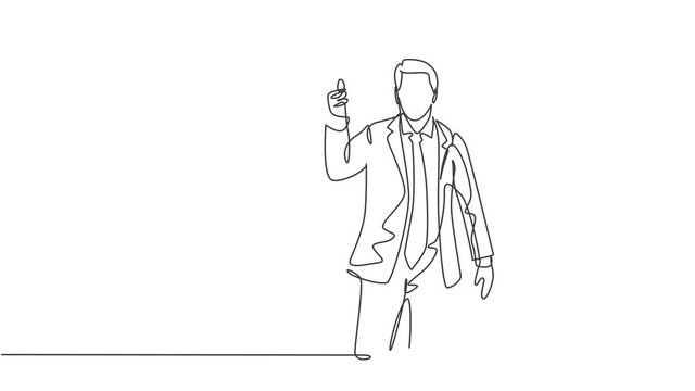 Animated self drawing of one continuous line draw presenter giving thumbs up gesture to the audience while meeting. Business presentation at the office concept. Full length single line animation.