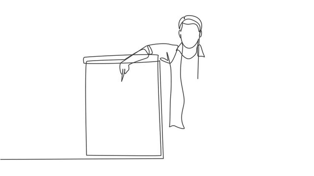 Animated self drawing of one continuous line draw startup CEO present new golden rules of company at team meeting. Workshop presentation at the office concept. Full length single line animation.