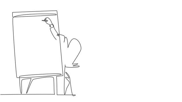 Self drawing animation of single line draw business coach writing strategy to increase company growth on flip chart in front of class. Business coaching concept one line draw. Full length animated.