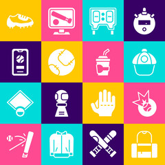 Set Sport bag, Baseball ball, cap, mechanical scoreboard, Mobile with baseball, boot and Paper glass water icon. Vector