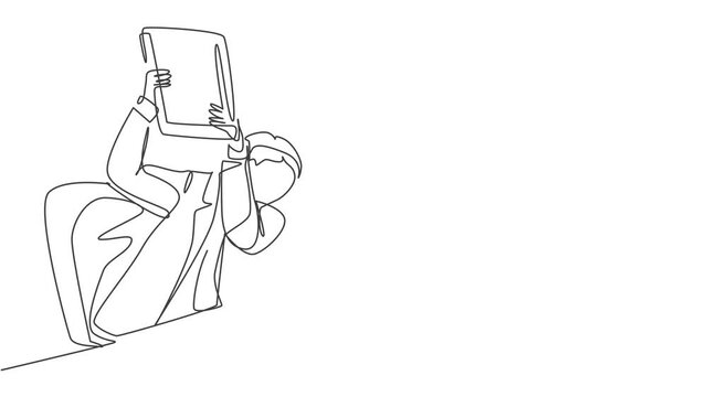 Self drawing animation of one single line draw furious male worker ready to smash monitor computer using file folder. Work overload at the office concept continuous line draw. Full length animated.