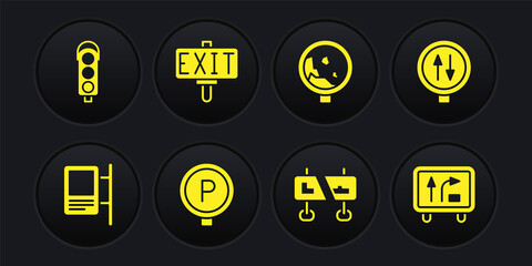 Set Road traffic sign, warning two way, Parking, rockfall, Fire exit, and Traffic light icon. Vector