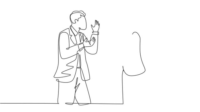 Self drawing animation of single continuous line draw angry businessman and businesswoman debating business project at the office. Business deal failure concept one line draw. Full length animated.
