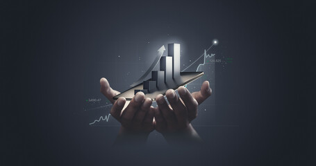 Businessman holding stock tablet and market economy graph statistic showing growth of profit analyzing financial exchange on increase digital money background with trade chart finance data concept.