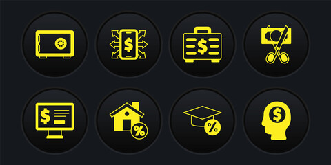 Set Monitor with dollar, Scissors cutting money, House percant discount, Graduation cap and coin, Briefcase, Smartphone, Business man planning mind and Safe icon. Vector
