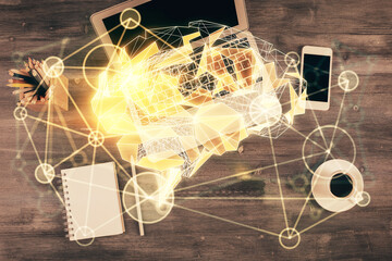 Multi exposure of brain sketch hologram over topview work table background with computer. Concept...