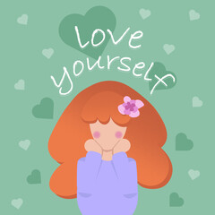 Cute girl with curly red hair. Self care, love yourself icon or body positive concept. Vector illustration.