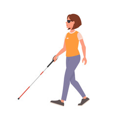 Blind girl with a cane. Side view. Vector illustration isolated on white background