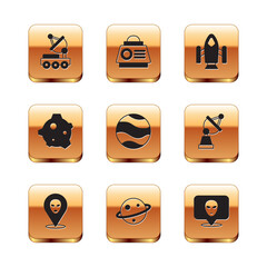 Set Mars rover, Alien, Planet Saturn, Asteroid, Rocket ship, and Space capsule icon. Vector