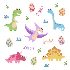 Fototapeta na wymiar Set of five dinosaurus, dino, with eggs, grass, word Roar isolated on white background. Vector illustration for postcard, banner, decor, design, arts, web, calendar, advirtising.