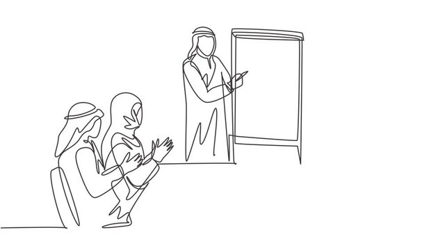 Animation of one line drawing of muslim manager do presentation at team meeting. Saudi Arabia cloth shmag, kandora, headscarf, thobe, ghutra. Continuous line self draw animated. Full length motion.