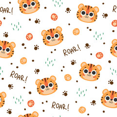 Seamless pattern with cute faces tiger, muzzles tiger cub with brown stripes, symbol of new 2022 year on white background. Vector illustration for postcard, banner, web, decor, design, arts, calendar.