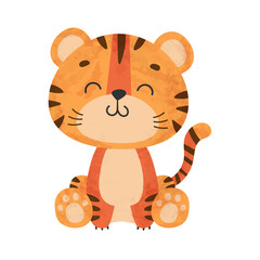 Obraz premium Cute sitting tiger, tiger cub with brown stripes, symbol of new 2022 year on white background. Vector illustration for postcard, banner, web, decor, design, arts, calendar.