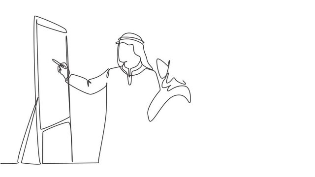 Animated self drawing of continuous line draw young muslim manager do presentation to explain job of new assistant. Arab middle east cloth shmagh, kandura, thawb, robe. Full length one line animation.