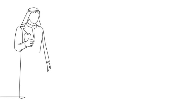 Animated self drawing of one continuous line draw young muslim company branch manager giving thumbs up gestures. Islamic clothing shemag, kandura, scarf, keffiyeh. Full length single line animation.