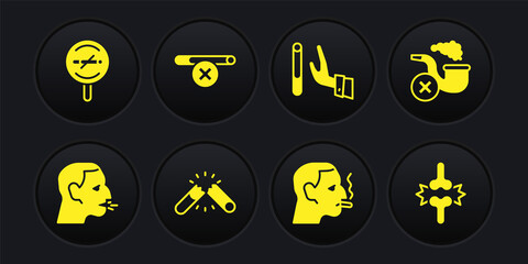 Set Man coughing, Smoking pipe with smoke, Broken cigarette, smoking, Giving up, No, Joint pain, knee pain and icon. Vector