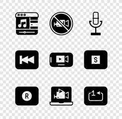 Set Music player, Prohibition no video recording, Microphone, Record button, Online, Repeat track music, Rewind and icon. Vector