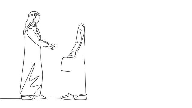 Animated self drawing of continuous line draw young muslim businessman shake hand his business colleague. Arab middle east businessmen with kandura, thawb, robe cloth. Full length one line animation.