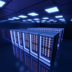 Hosting server computer room with blue light in the black color theme. 3D illusration rendering.
