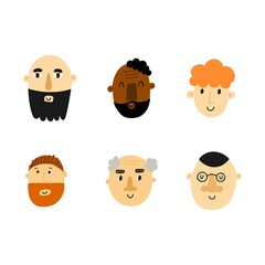 People portrait. Hand drawn male faces, social media user avatars collection, hipster man icon, modern human different ages and ethnic, vector isolated cartoon set