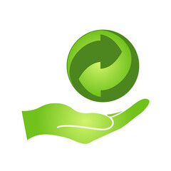 Hand with Green recycle sign Simple icon on product packaging and box