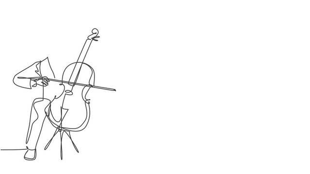 Animation of one line drawing of young male cellist performing to play cello on classical orchestra concert. Musician artist performance concept continuous line self draw animated. Full length motion.