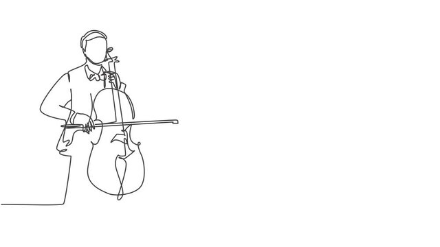 Self drawing animation of single line draw young male cellist performing to play cello on classical orchestra theater. Musician artist performance concept continuous line draw. Full length animated.