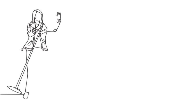Animated self drawing of single continuous line draw young happy lady rocker singer singing on concert stage. Musician artist performance concept. Full length one line animation illustration.