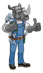 Rhino Mascot Carpenter Handyman Holding Hammer