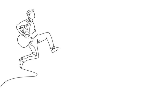 Animated self drawing of continuous line draw young male guitarist jumping while playing electric guitar on music concert stage. Musician artist performance concept. Full length single line animation.